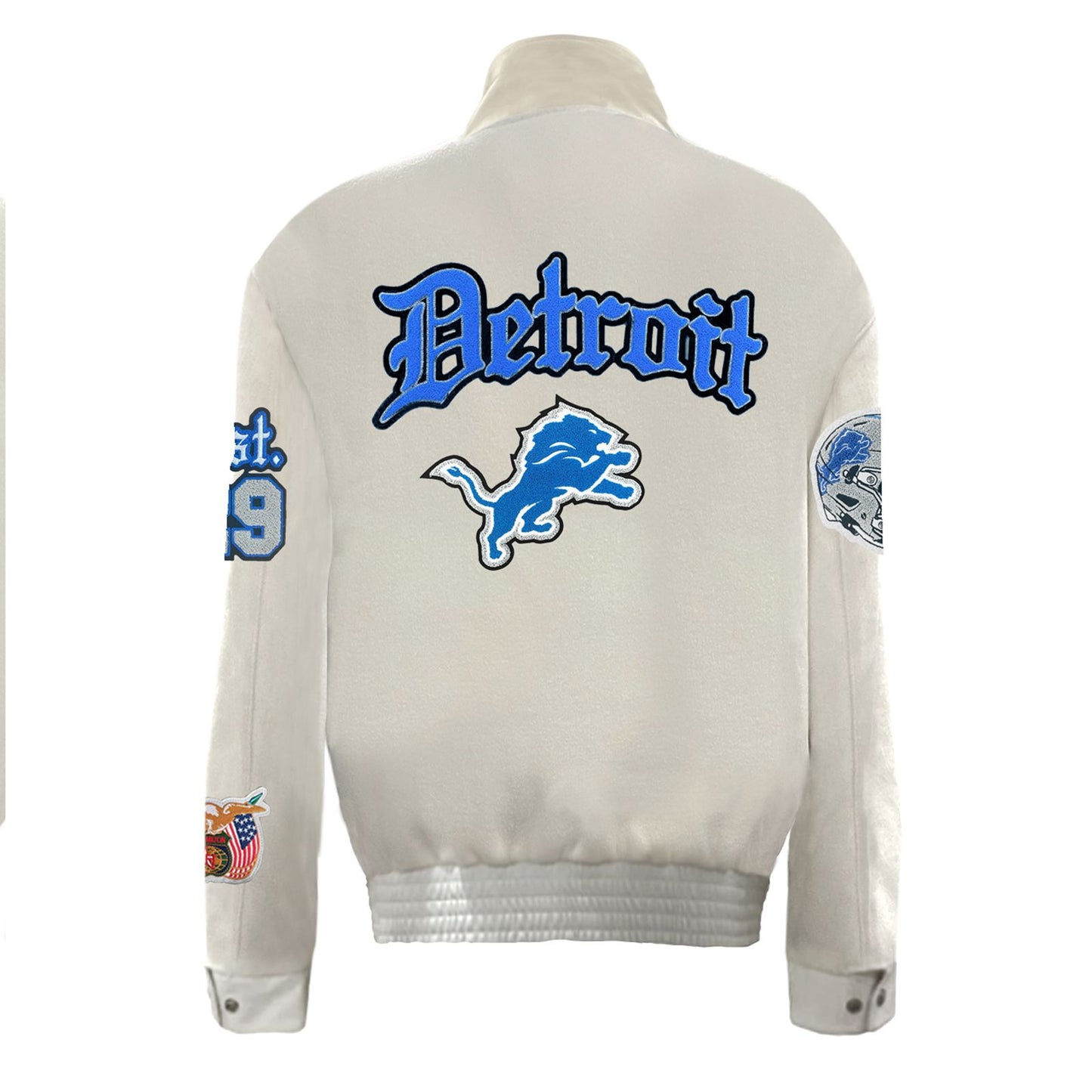 DETROIT LIONS WOOL & LEATHER VARSITY OLD ENGLISH JACKET WHITE