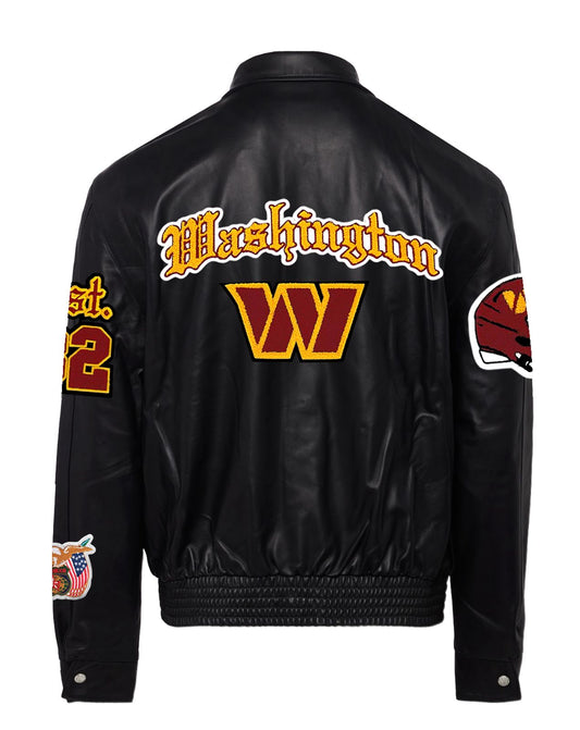 WASHINGTON COMMANDERS FULL LEATHER OLD ENGLISH JACKET Black