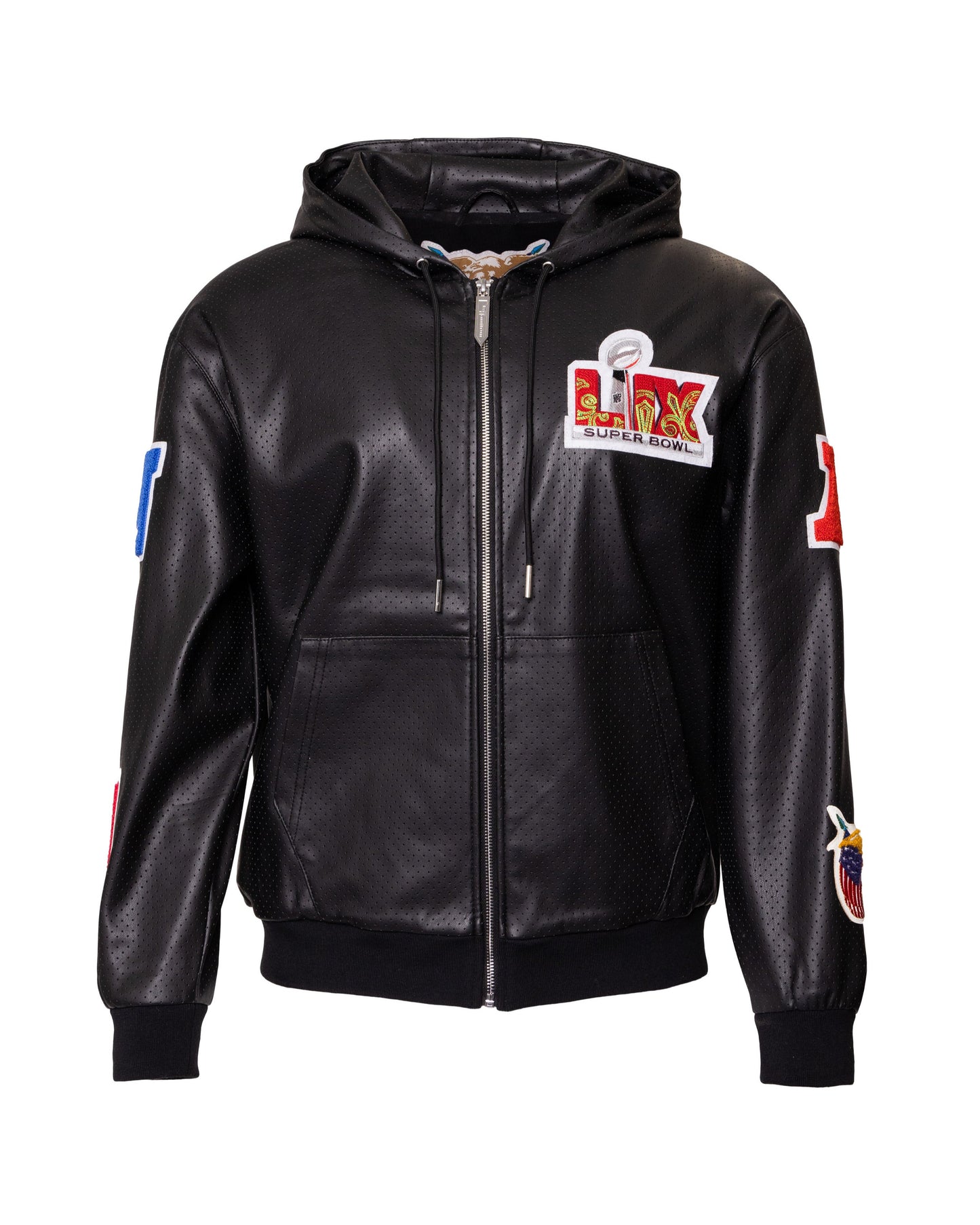 SUPER BOWL 2025 VEGAN LEATHER ZIP-UP HOODED JACKET