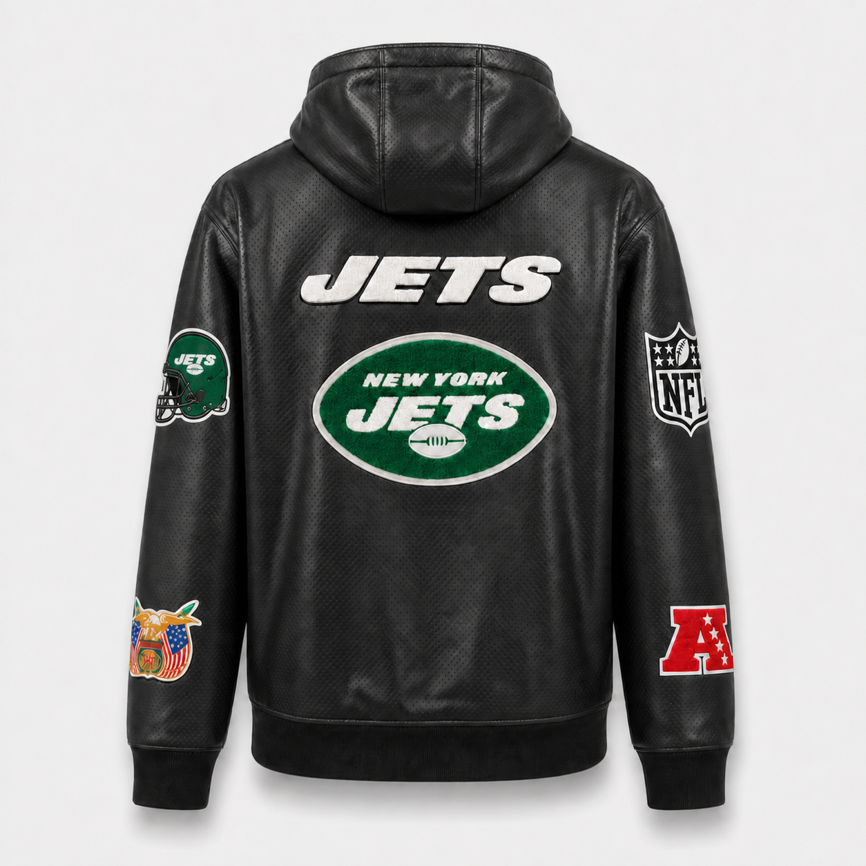 New York Jets Lightweight Vegan Leather Zip-Up Hooded Jacket