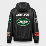 New York Jets Lightweight Vegan Leather Zip-Up Hooded Jacket