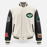 New York Jets Wool & Leather Varsity Jacket Off White/Black