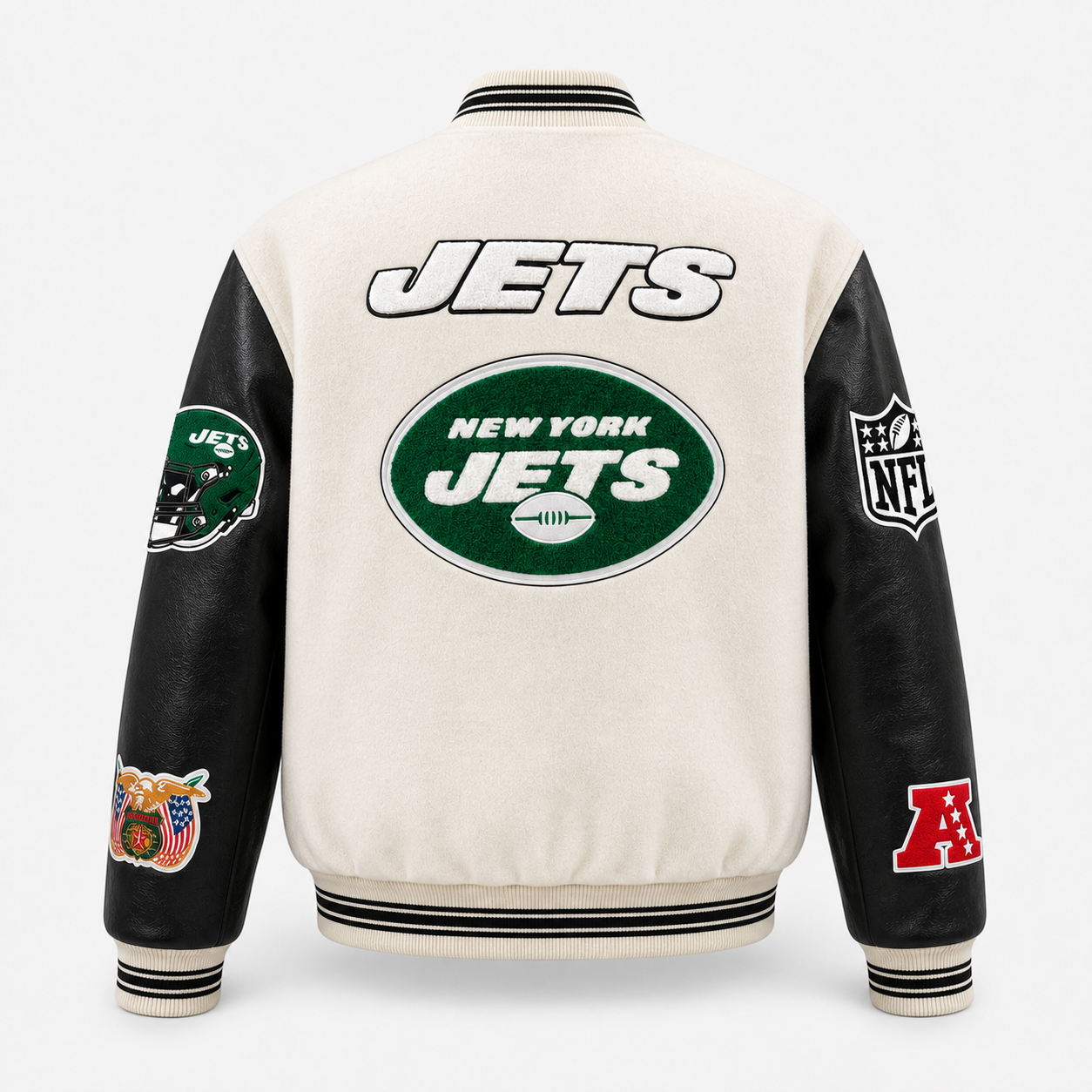 New York Jets Wool & Leather Varsity Jacket Off White/Black
