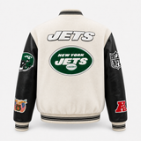New York Jets Wool & Leather Varsity Jacket Off White/Black