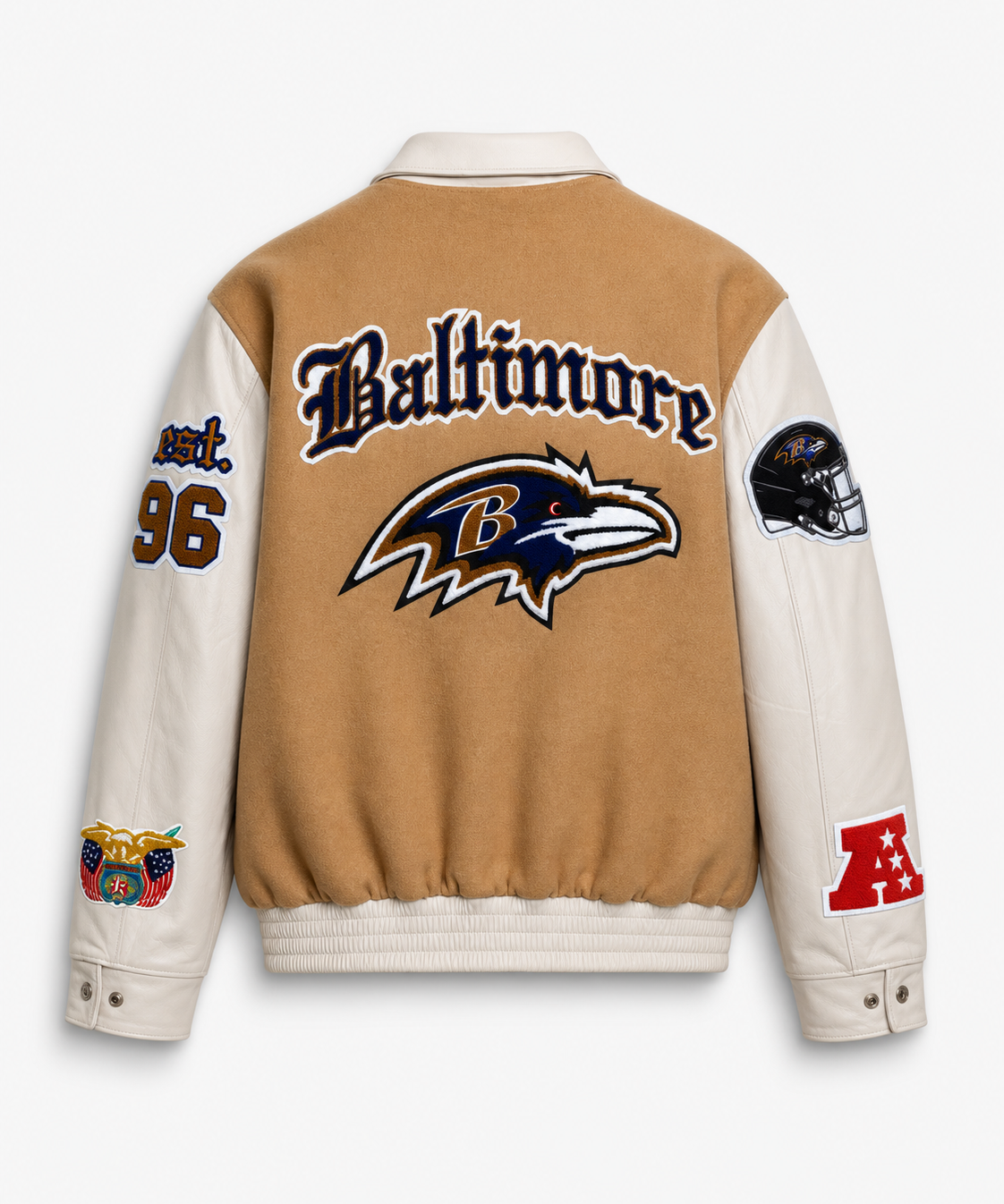 Baltimore Raven Wool & Leather Varsity Jacket Brown/White