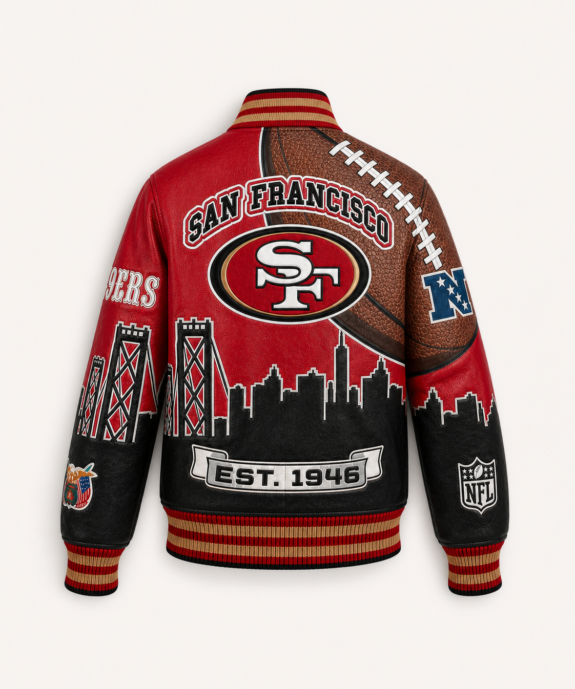 The Bay Bridge Blitz — San Francisco 49ers Vegan Leather Varsity Jacket