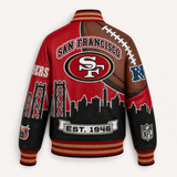 The Bay Bridge Blitz — San Francisco 49ers Vegan Leather Varsity Jacket