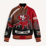 The Bay Bridge Blitz — San Francisco 49ers Vegan Leather Varsity Jacket