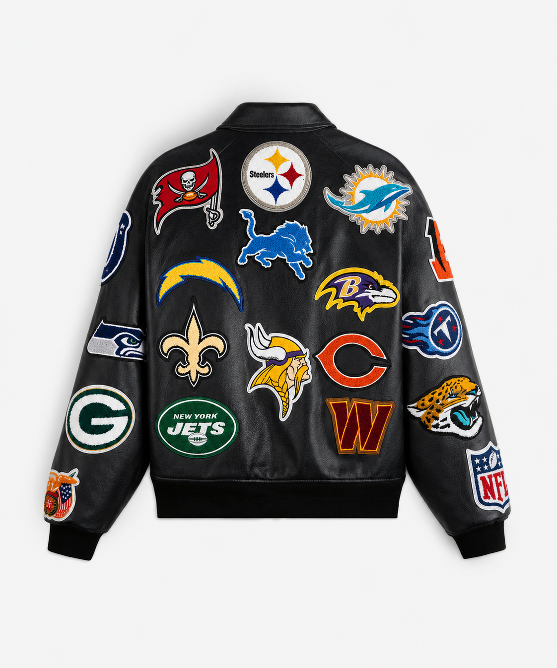 NFL Collage Vegan Leather Jacket Black