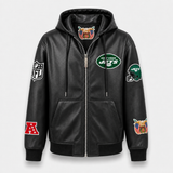 New York Jets Lightweight Vegan Leather Zip-Up Hooded Jacket