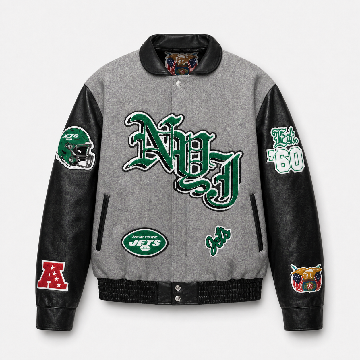 New York Jets Wool & Leather Old English Varsity Jacket Gray