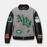 New York Jets Wool & Leather Old English Varsity Jacket Gray