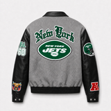 New York Jets Wool & Leather Old English Varsity Jacket Gray