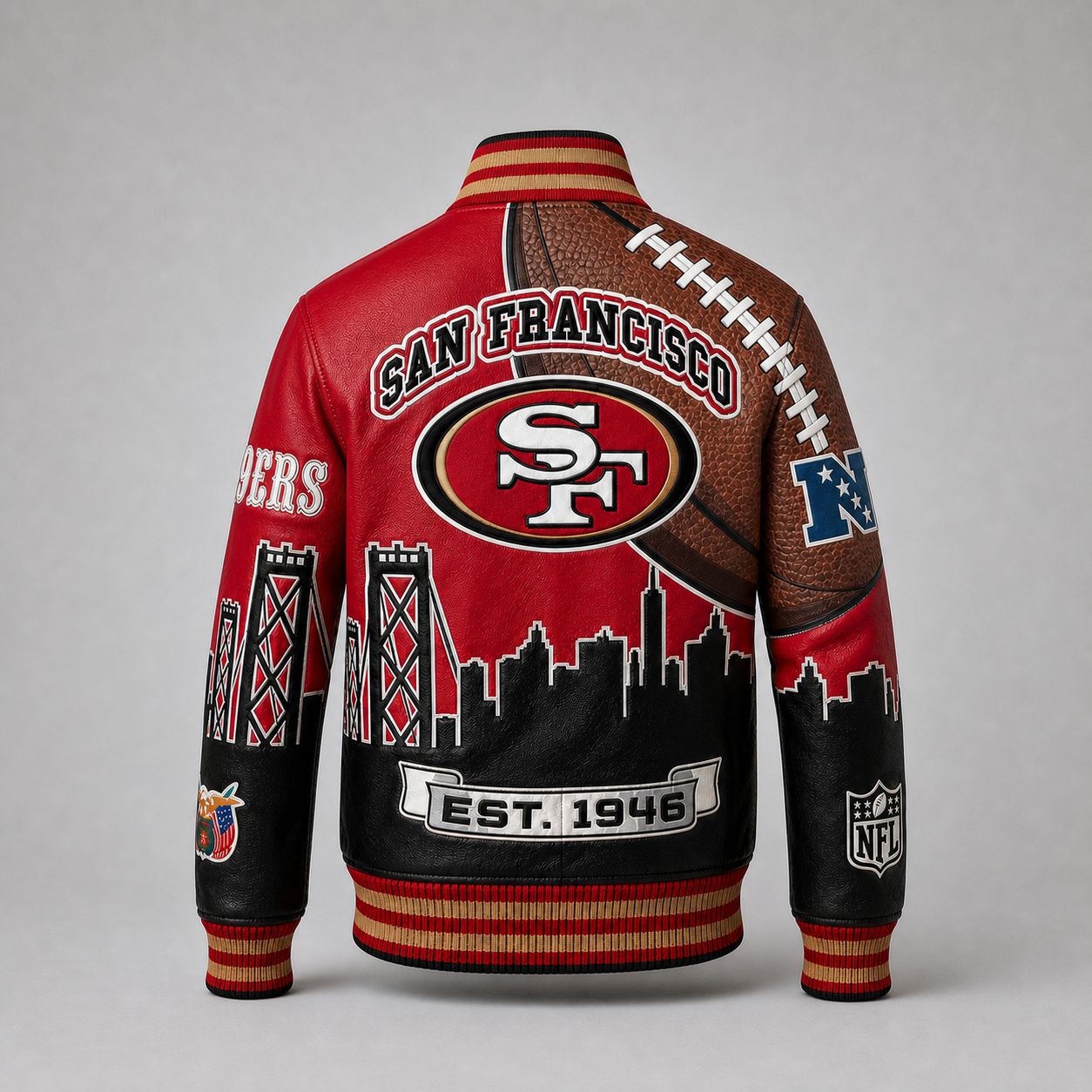 Jeff Hamilton San Francisco 49ers Bay Bridge Blitz vegan leather varsity jacket, back view