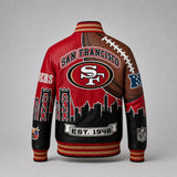 Jeff Hamilton San Francisco 49ers Bay Bridge Blitz vegan leather varsity jacket, back view