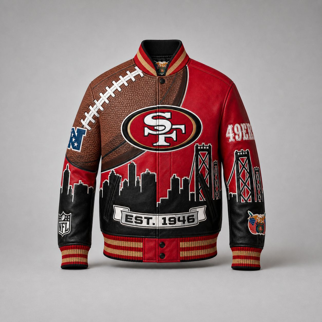 Jeff Hamilton San Francisco 49ers Bay Bridge Blitz vegan leather varsity jacket, front view