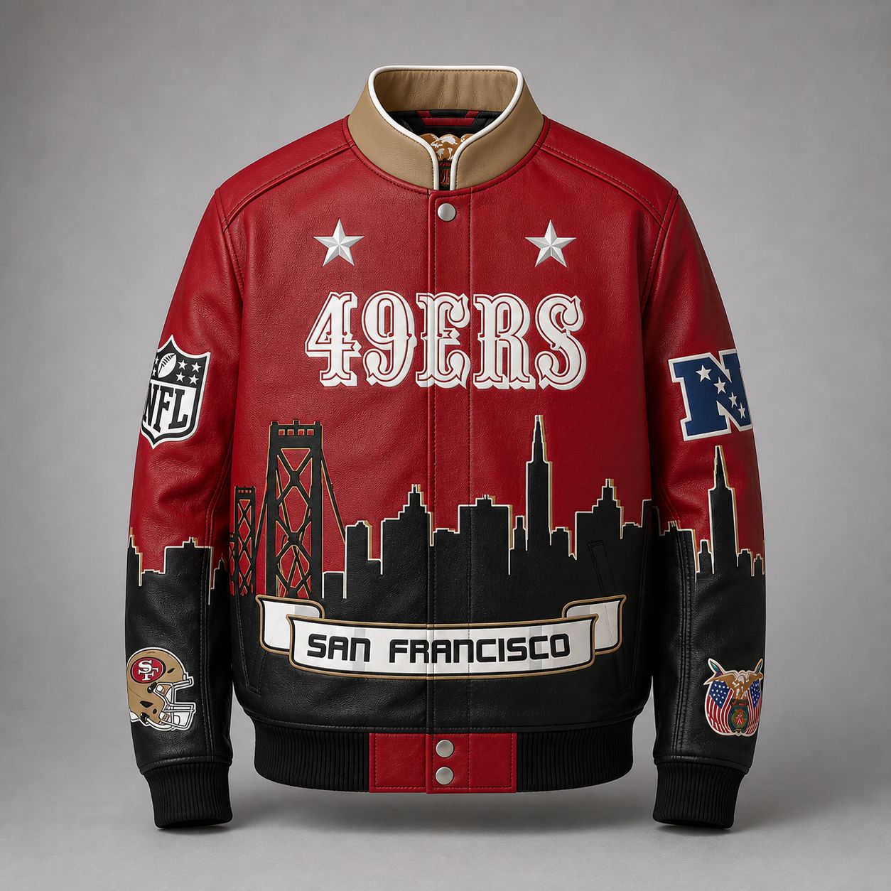 Jeff Hamilton San Francisco 49ers Golden Gate Dynasty vegan leather skyline jacket, front view