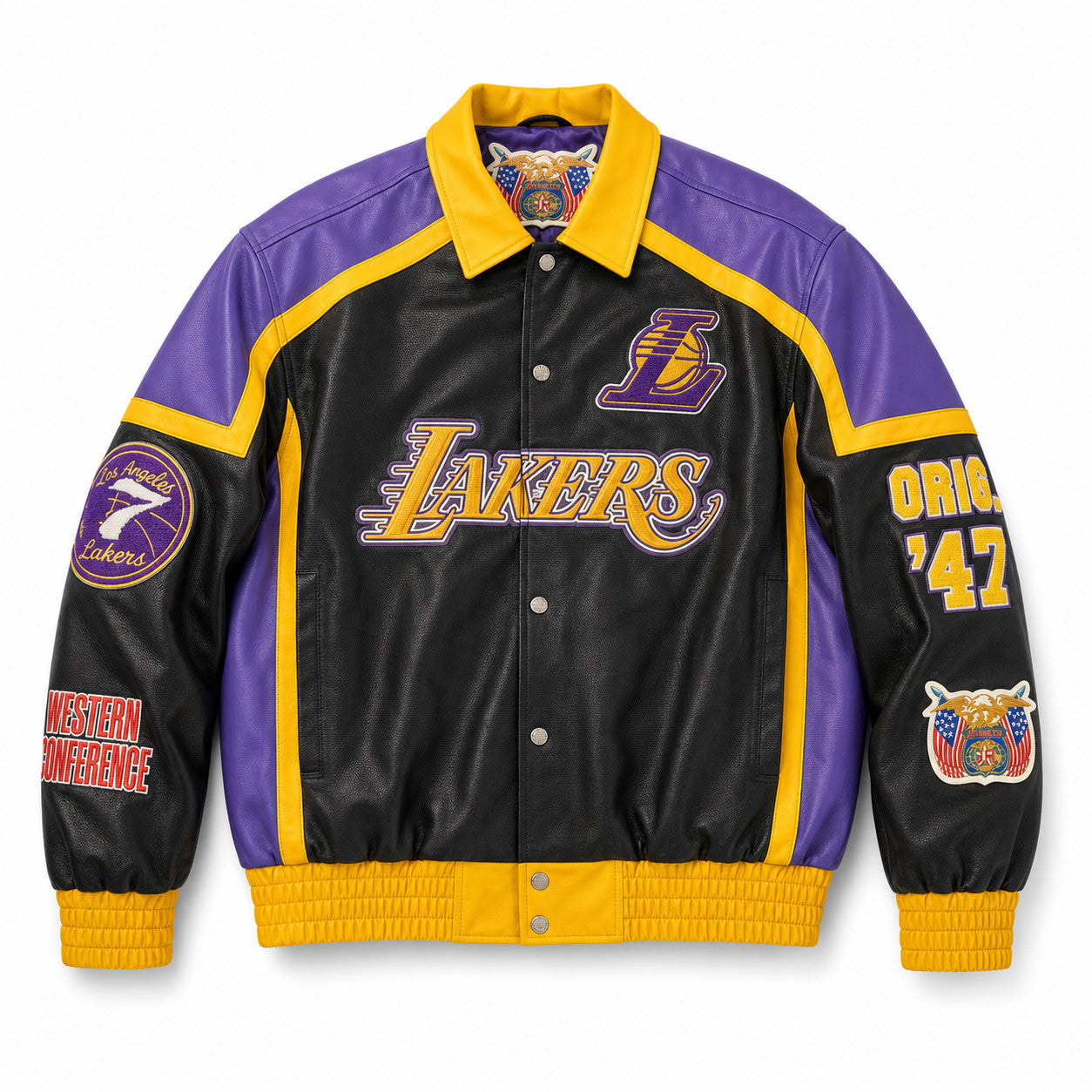 Jeff Hamilton Los Angeles Lakers 8.24 Edition vegan leather jacket, front view