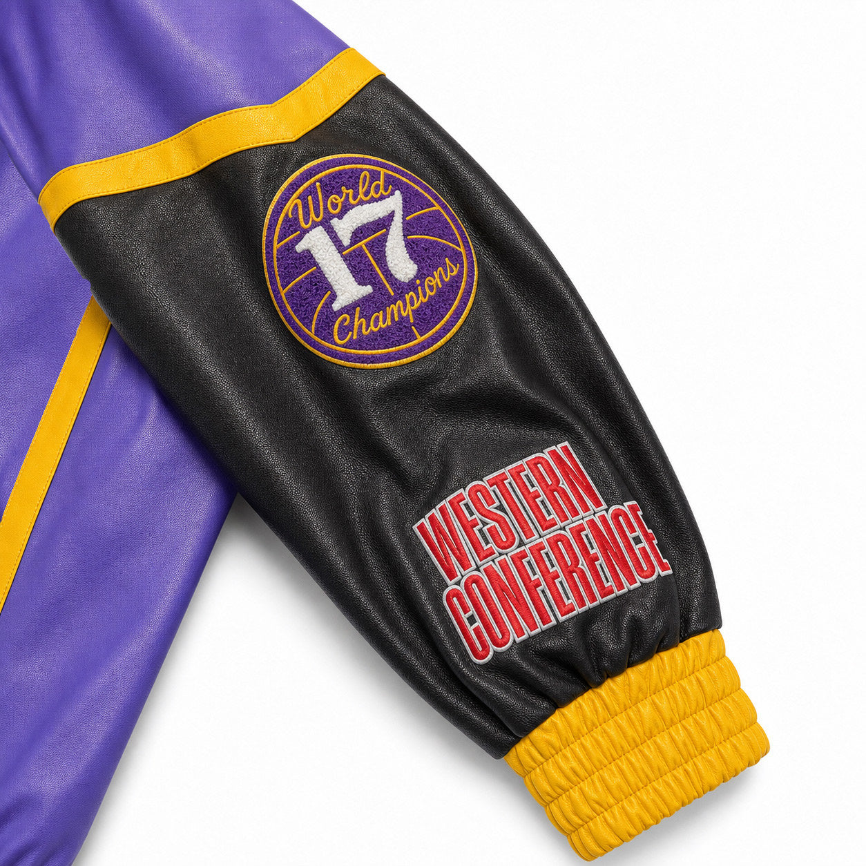 Jeff Hamilton Los Angeles Lakers 8.24 Edition vegan leather jacket, sleeve patch detail — 17 World Champions and Western Conference