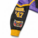 Jeff Hamilton Los Angeles Lakers 8.24 Edition vegan leather jacket, sleeve detail — Orig. '47 and Jeff Hamilton crest