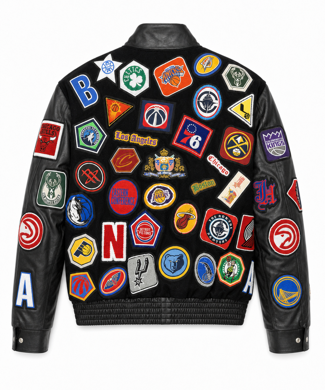 Jeff Hamilton NBA 100-Patch vegan leather jacket, back view, signed and numbered edition of 50