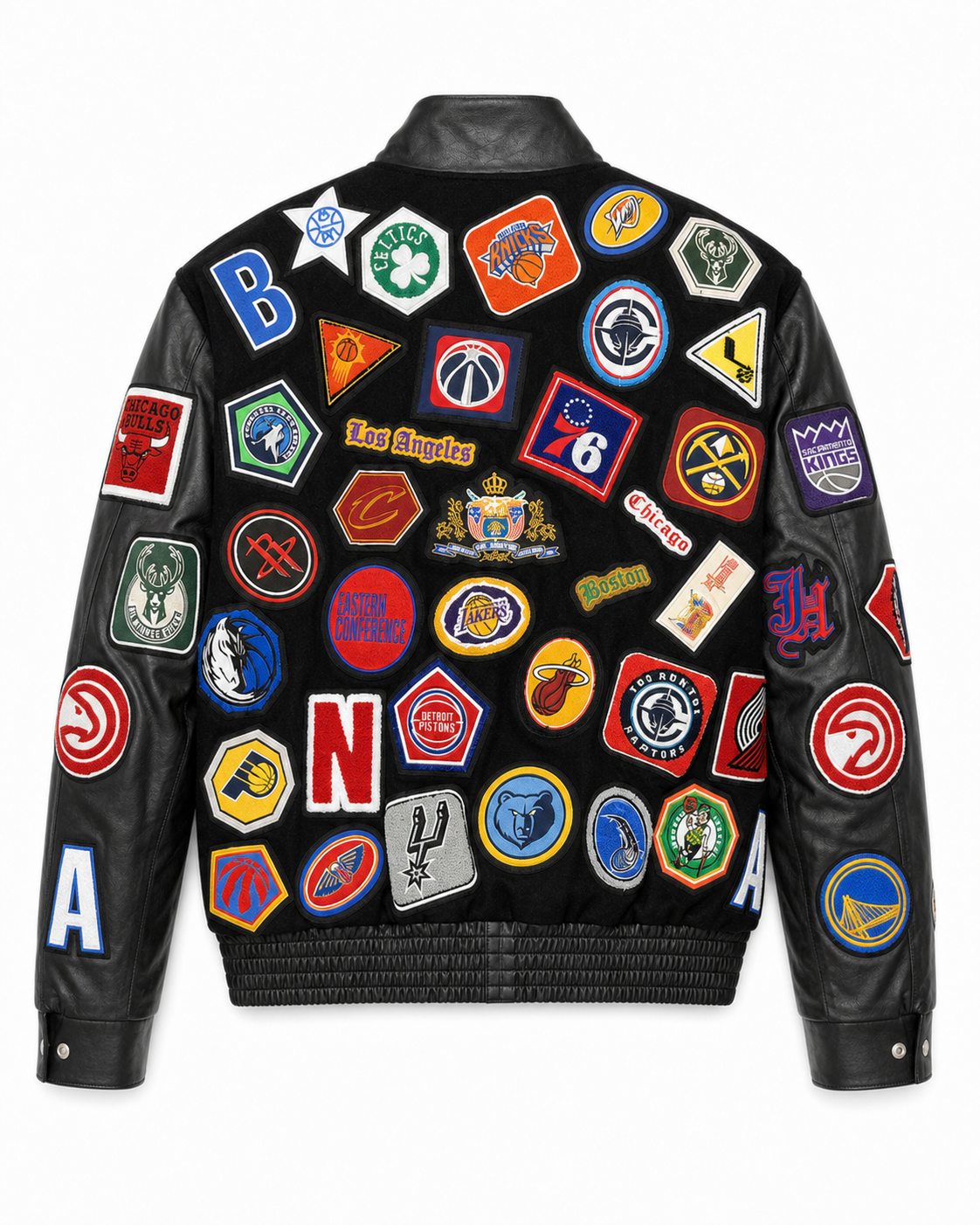 Jeff Hamilton NBA 100-Patch vegan leather jacket, back view, signed and numbered edition of 50