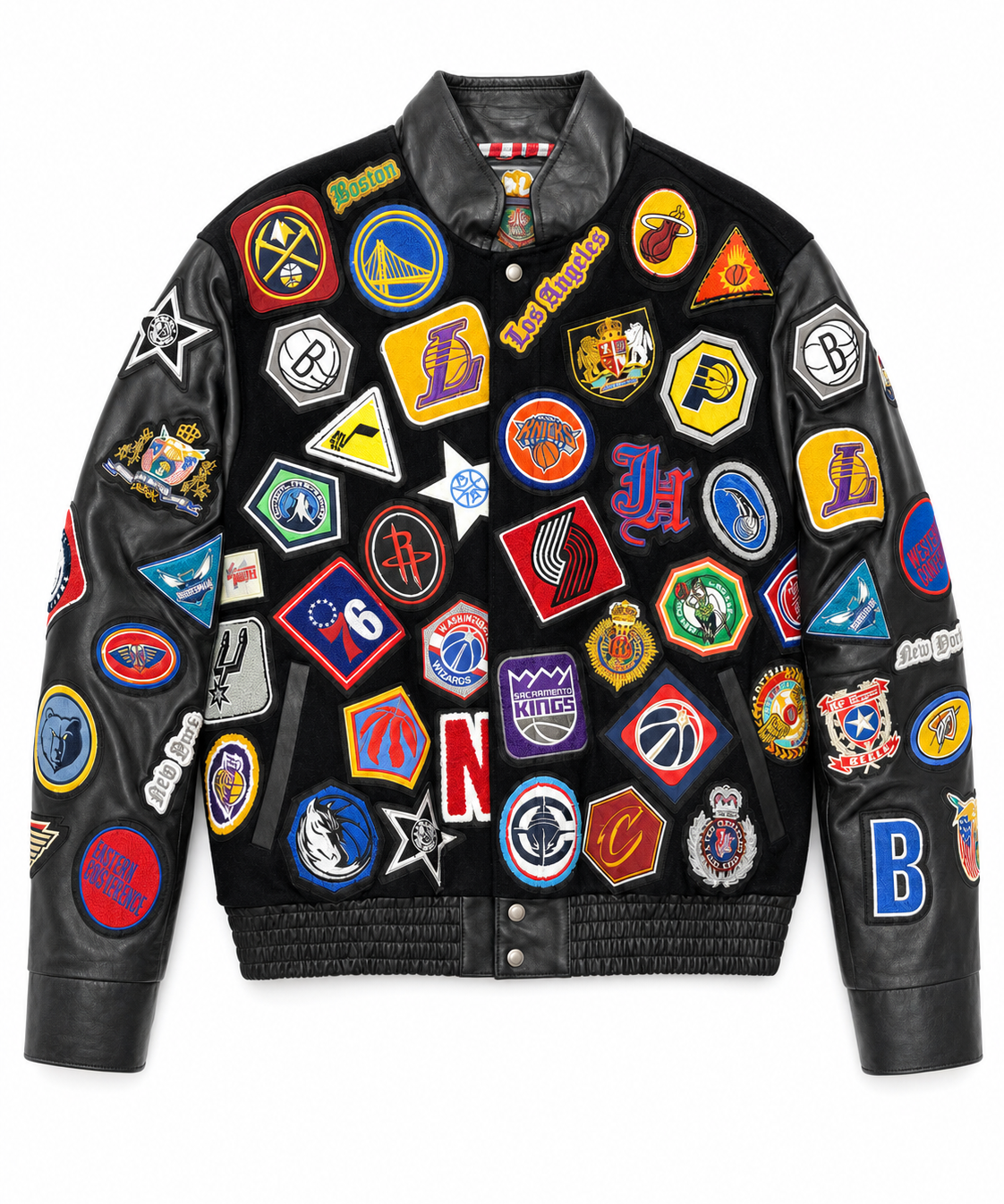 Jeff Hamilton NBA 100-Patch vegan leather jacket, front view, signed and numbered edition of 50