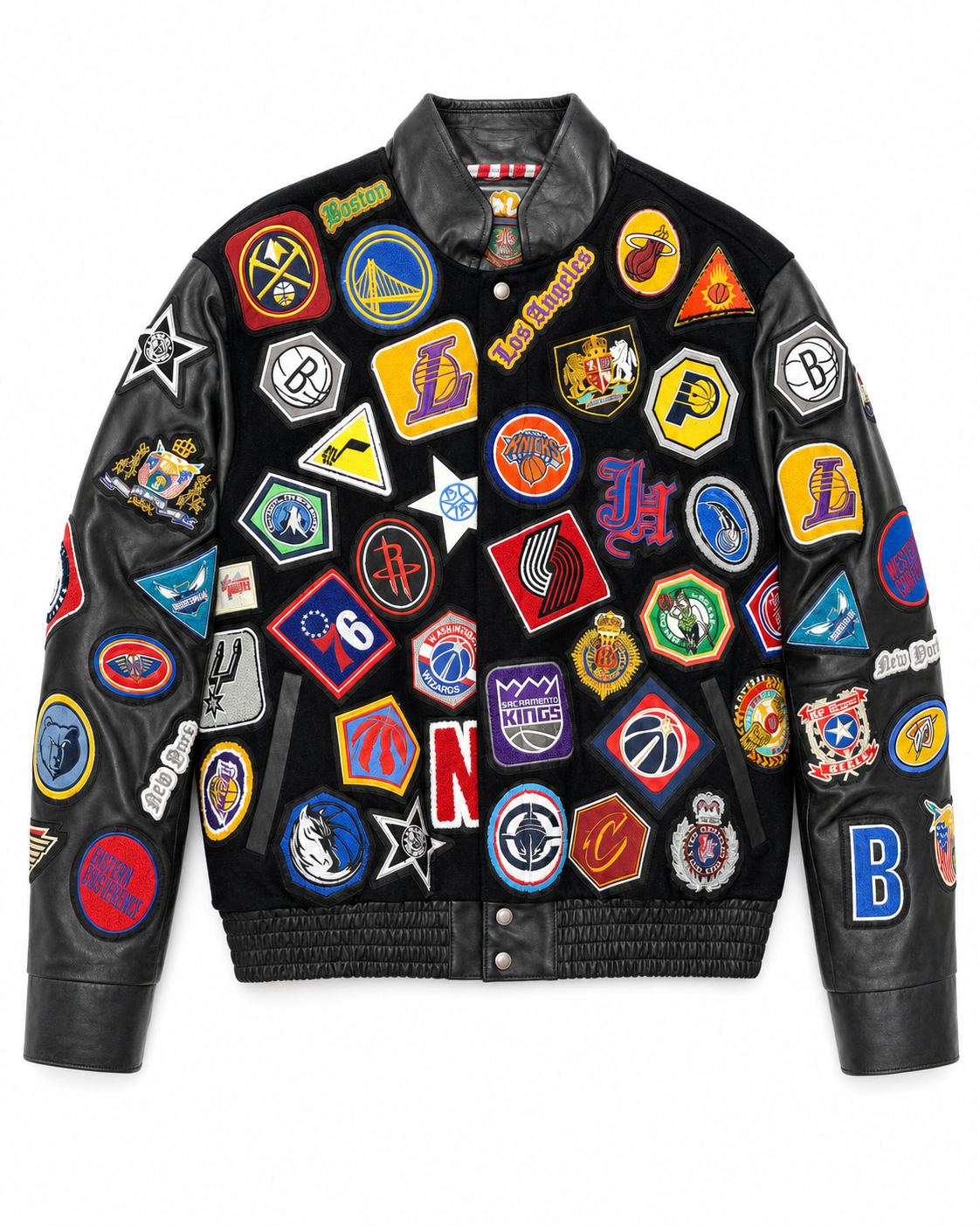 Jeff Hamilton NBA 100-Patch vegan leather jacket, front view, signed and numbered edition of 50