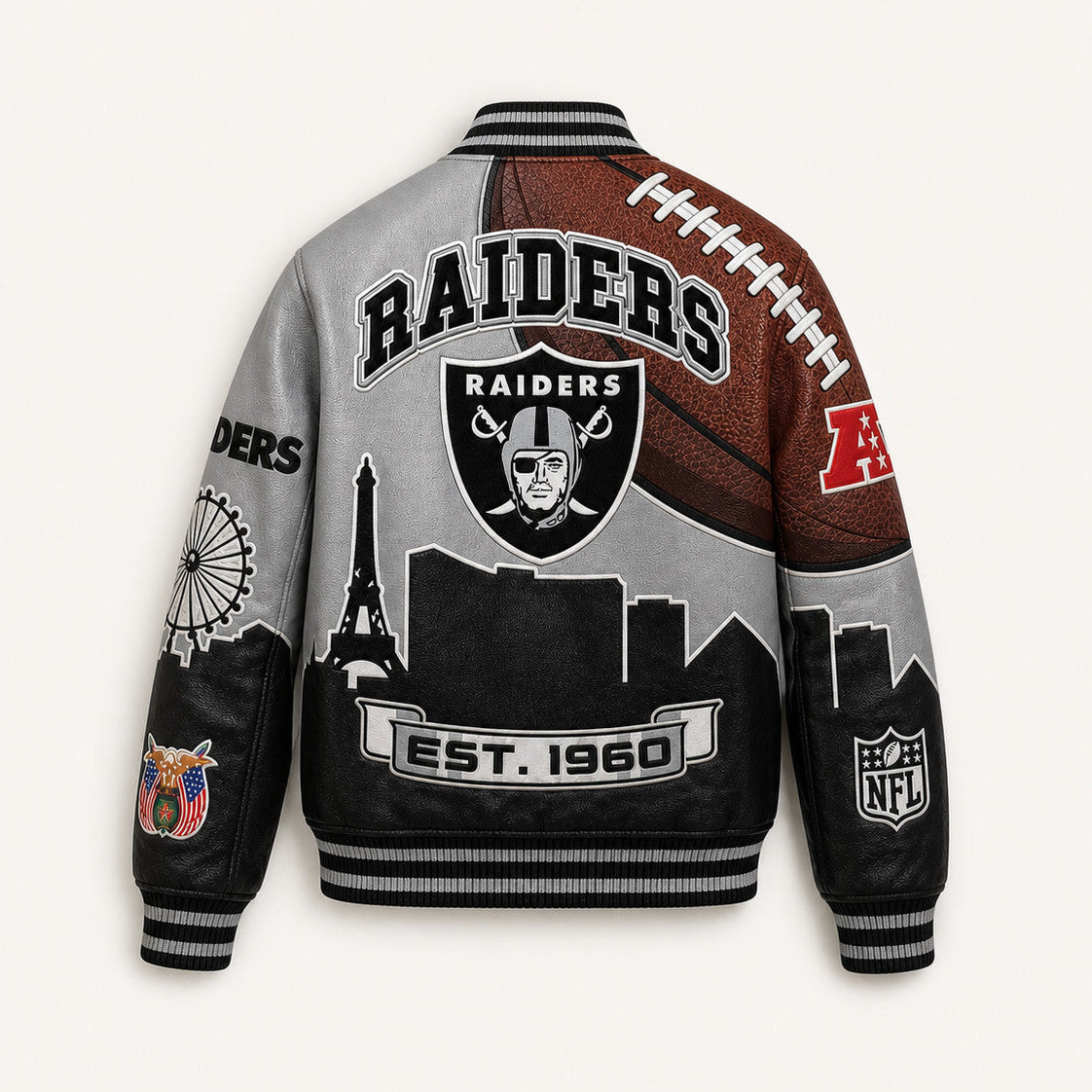 The Silver Strip Blitz — Las Vegas Raiders Vegan Leather Varsity Jacket, back