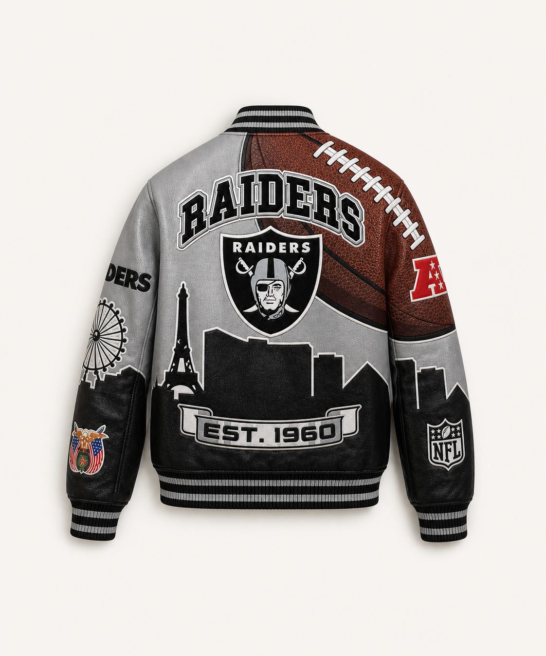 The Silver Strip Blitz — Las Vegas Raiders Vegan Leather Varsity Jacket, back