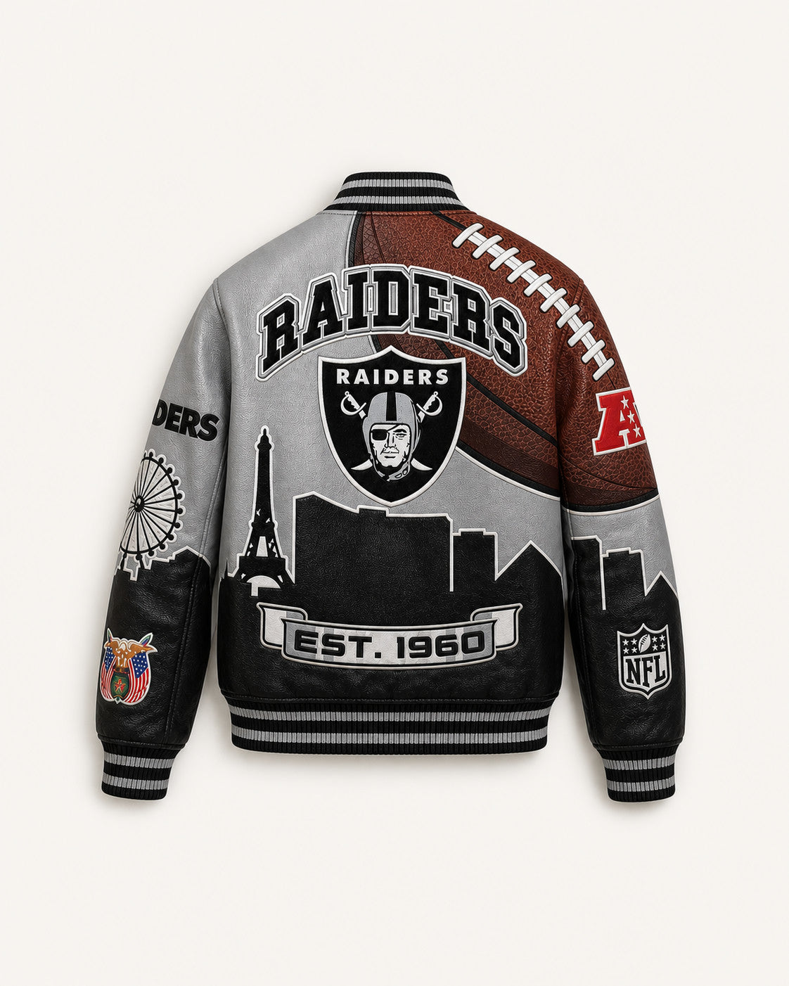 The Silver Strip Blitz — Las Vegas Raiders Vegan Leather Varsity Jacket, back