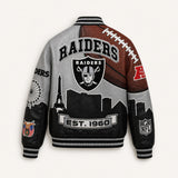 The Silver Strip Blitz — Las Vegas Raiders Vegan Leather Varsity Jacket, back