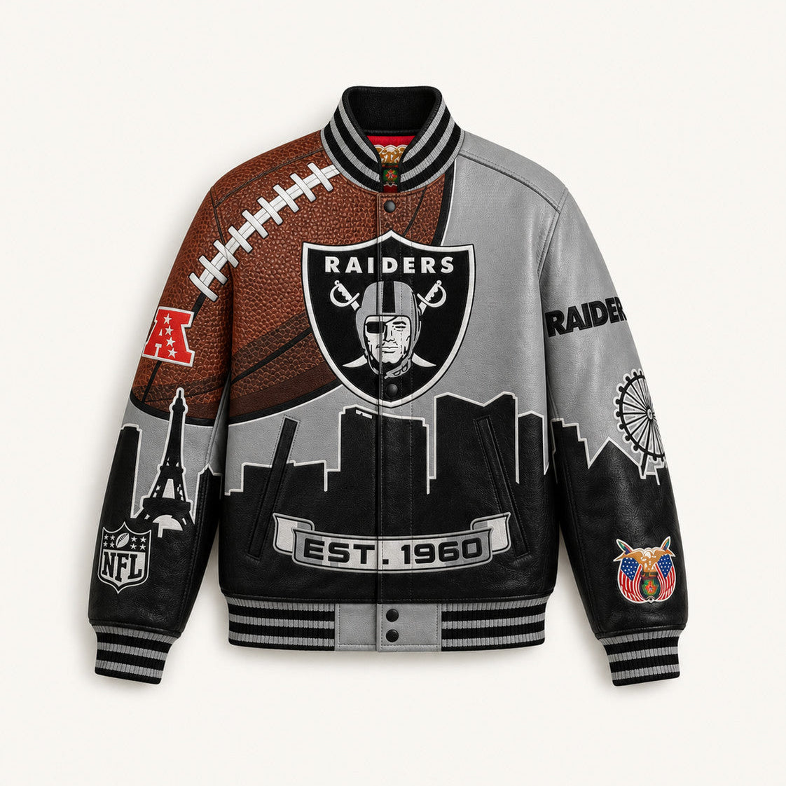The Silver Strip Blitz — Las Vegas Raiders Vegan Leather Varsity Jacket, front