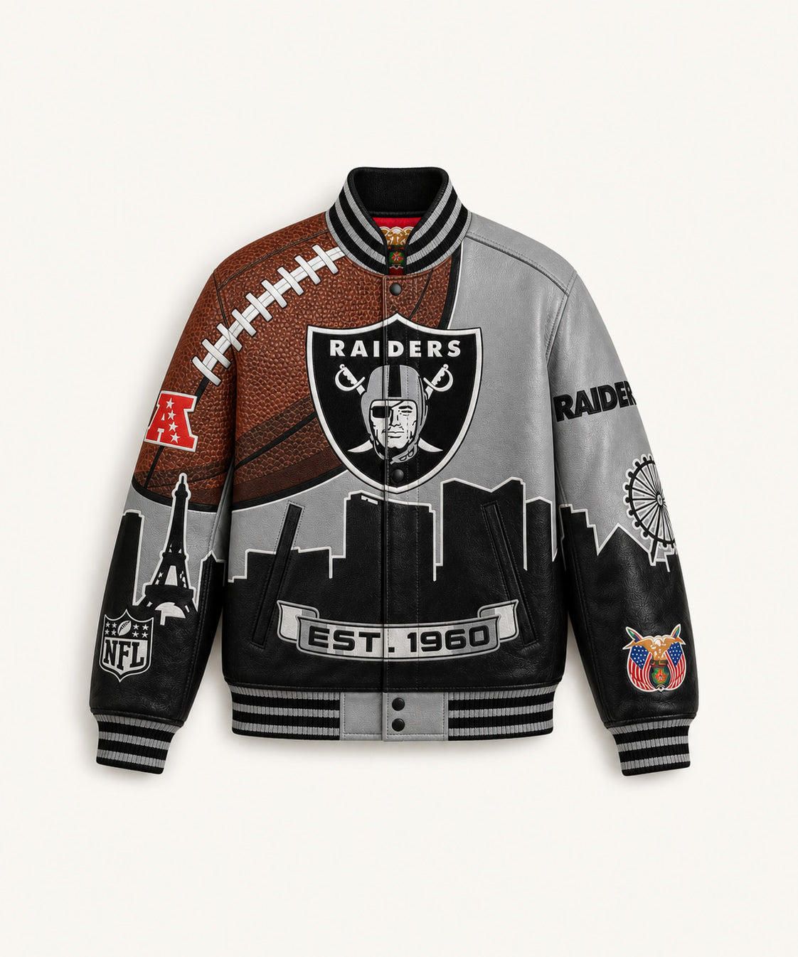 The Silver Strip Blitz — Las Vegas Raiders Vegan Leather Varsity Jacket, front