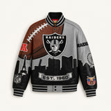 The Silver Strip Blitz — Las Vegas Raiders Vegan Leather Varsity Jacket, front