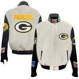 Green Bay Packers Jeff Hamilton White Wool & Leather Full-Snap Varsity Jacket AR
