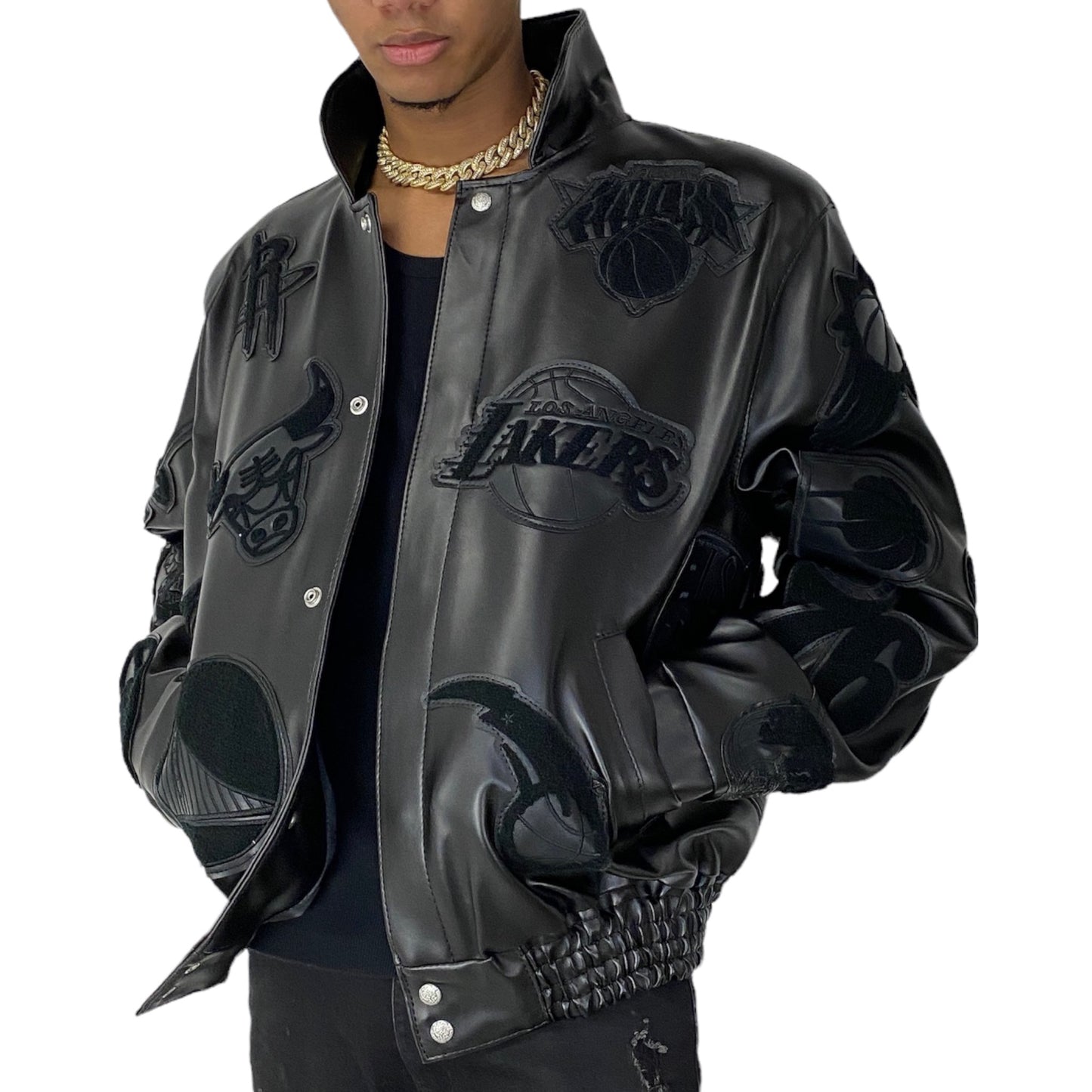 NBA Collage Vegan Leather Jacket Black L