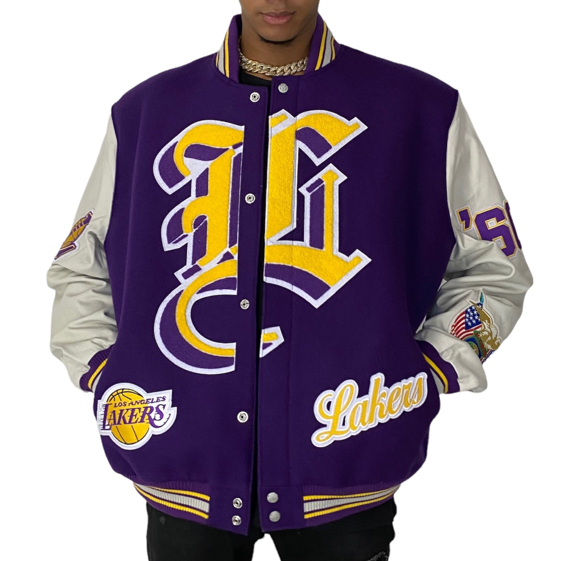 LOS ANGELES LAKERS WOOL & LEATHER VARSITY JACKET White with color – Jeff  Hamilton Shop